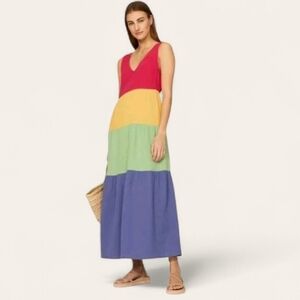 Marine Layer Corinne Gauze Tiered Colorblock Maxi Dress M Colorblock Rainbow